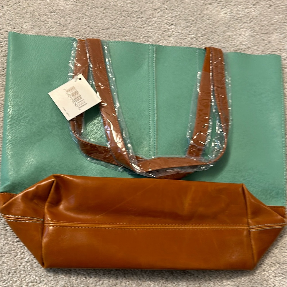 Turquoise and saddle brown tote from Nordstrom